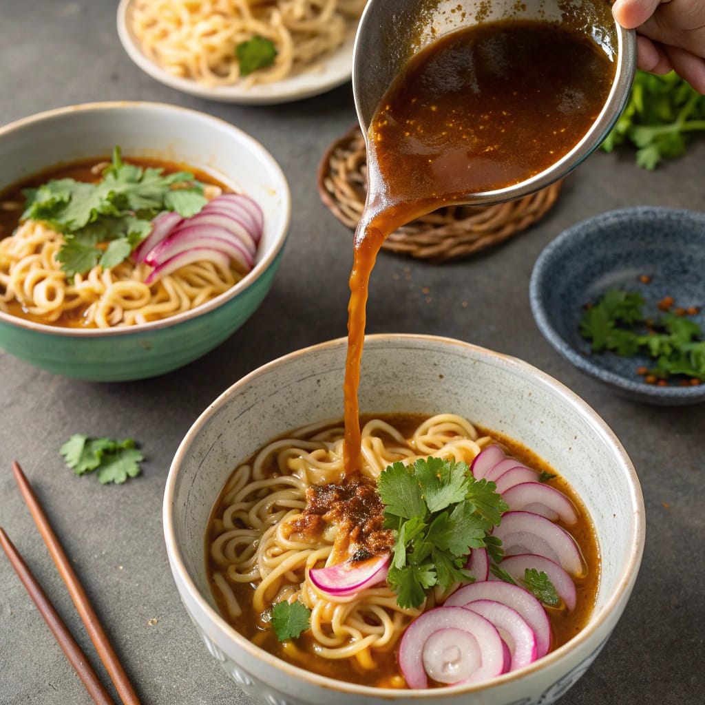 Assembling Birria Ramen with Consommé and Toppings