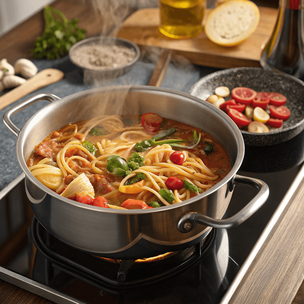 one-pot-pasta-cooking One-Pot Pasta simmering on stovetop
