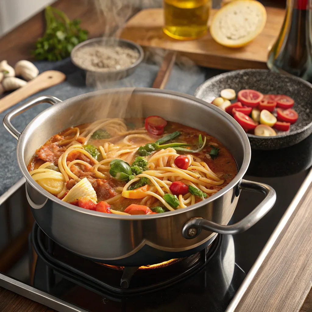 one-pot-pasta-cooking One-Pot Pasta simmering on stovetop