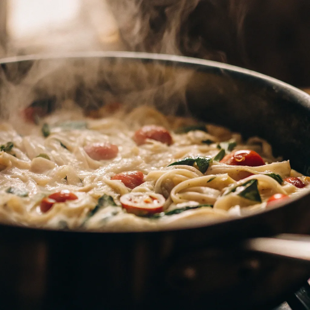One-Pot Pasta with tomatoes, spinach, and creamy sauce