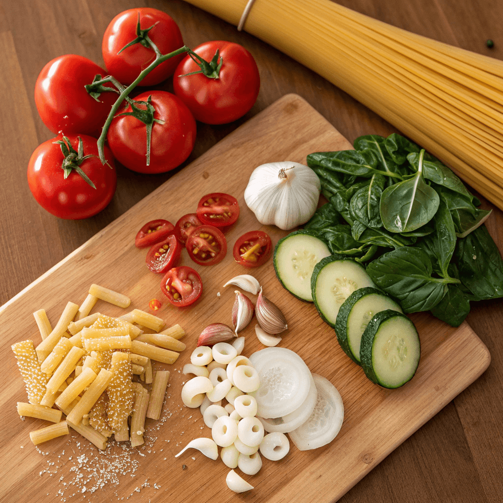 one-pot-pasta-ingredients. One-Pot Pasta ingredients arranged on countertop