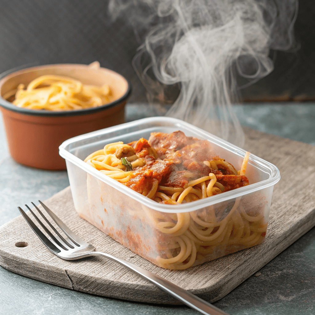 Reheated One-Pot Pasta in container
