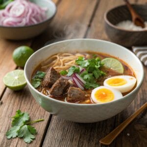 Pot Birria Ramen Recipes Bowl with Beef, Egg, and Cilantro