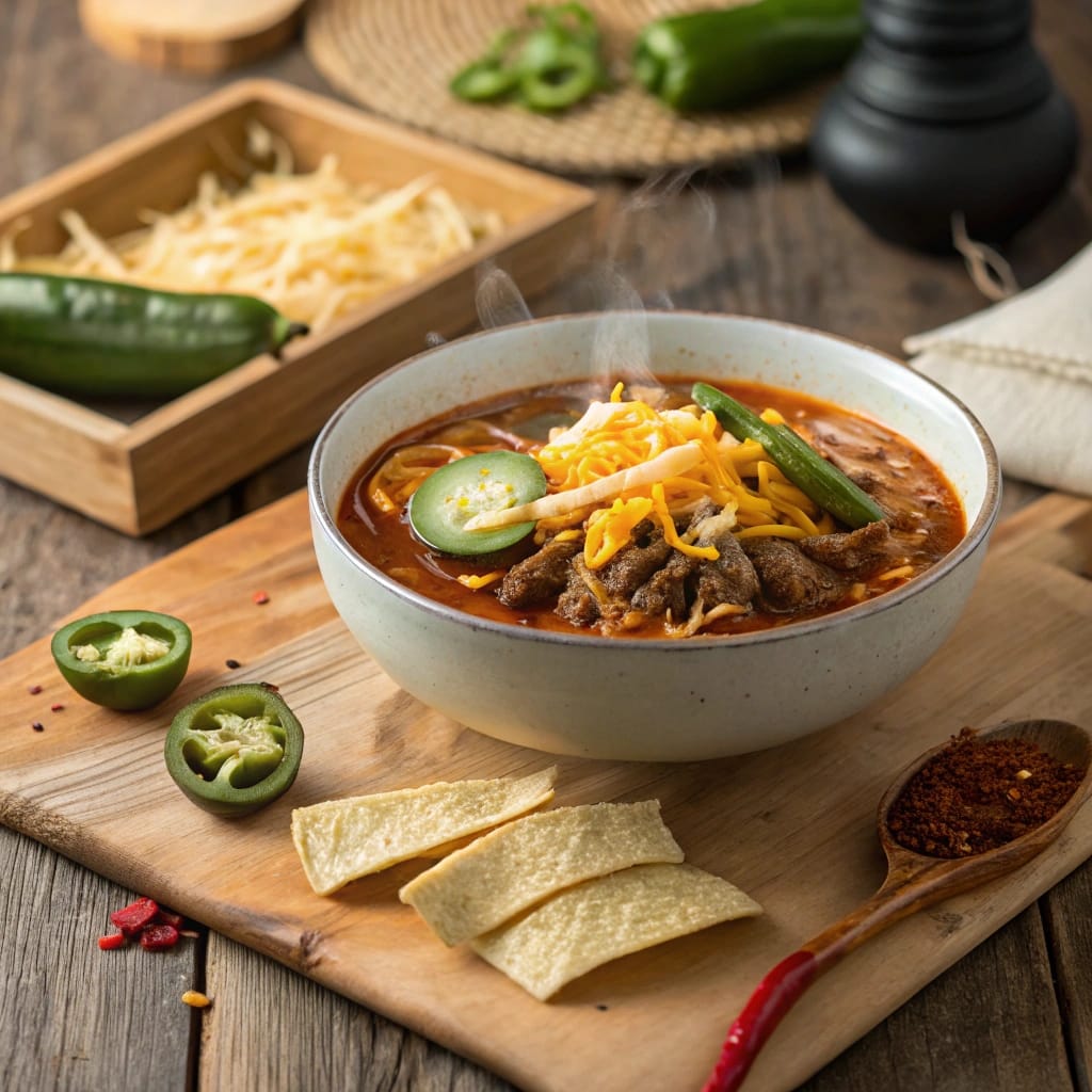 Spicy Birria Ramen Variation with Cheese and Jalapeños