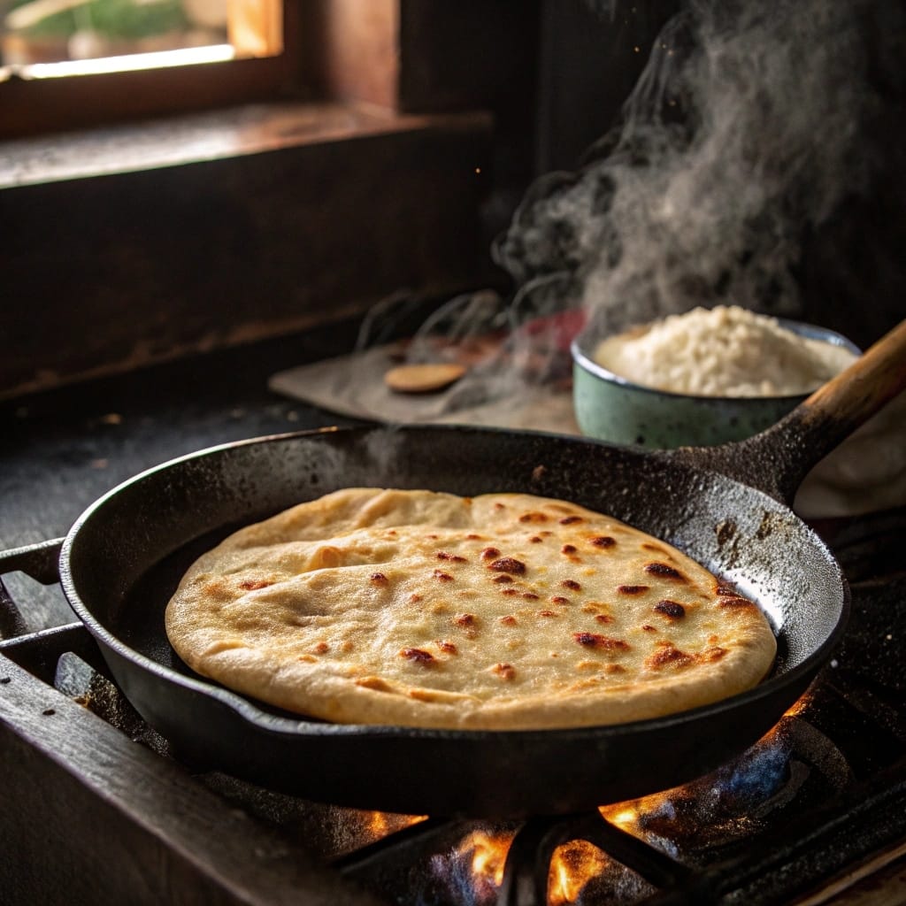 Cooking cottage cheese flatbread in skillet
