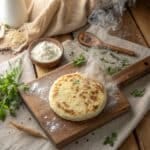 Cottage cheese flatbread with flour on rustic board