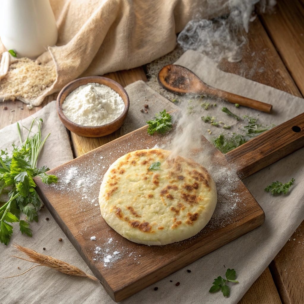 Cottage cheese flatbread with flour on rustic board