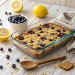 Lemon blueberry baked oatmeal in a baking dish