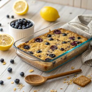 Lemon blueberry baked oatmeal in a baking dish