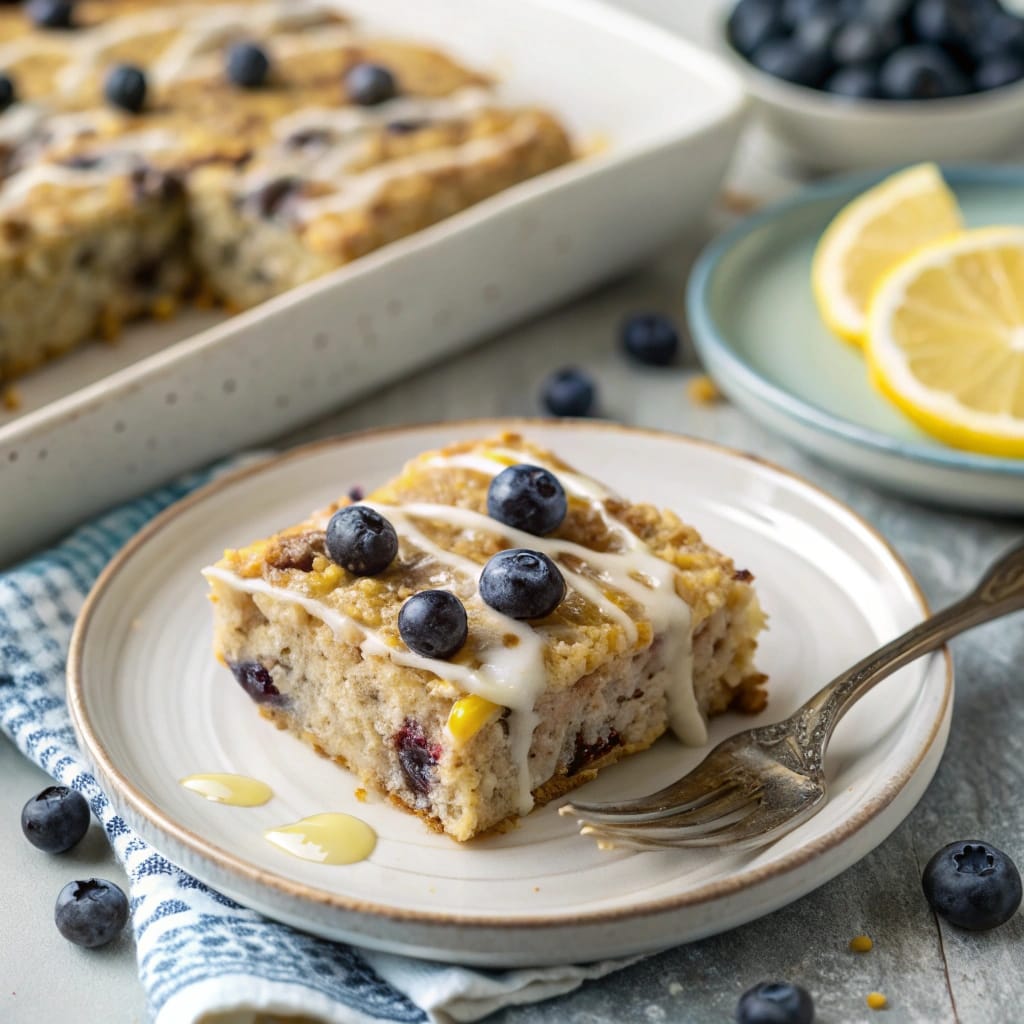 Lemon Blueberry Baked Oatmeal: A Fresh & Easy Breakfast Recipe 8 Slice of lemon blueberry baked oatmeal served with glaze